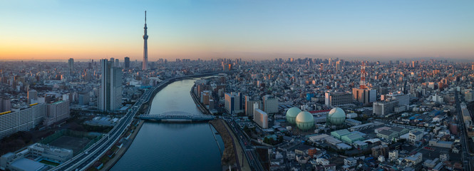 隅田川朝焼けの空撮