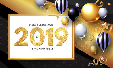 Happy New 2019 Year Shining Greeting Card with Realistic Glossy Balloons with Serpentine.