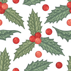 Hand draw engraving of a holly berry in a seamless pattern.