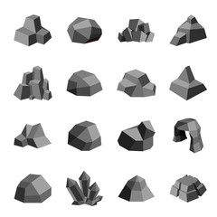 Coal stones rock boulder crystal polygonal design icons set vector illustration