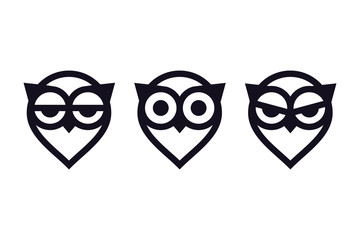 Owl outline icons collection. Set of outline owls and emblems design elements for schools, educational signs.