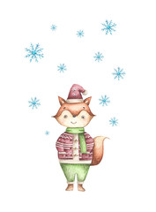 Cute Christmas fox in a warm sweater, scarf and a hat with snowfall. Watercolor illustration isolated on white background.
