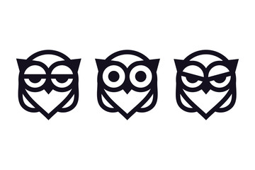 Owl outline icons collection. Set of outline owls and emblems design elements for schools, educational signs.