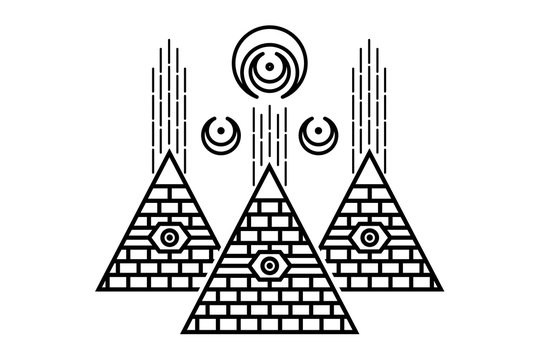 Stylized Egyptian pyramids. Mystical symbol. Knowledge eye. All seeing eye pyramid symbol. New World Order.Freemason and spiritual, religion, spirituality, alchemy, occultism, tattoo art. 