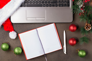 Office table with computer. Christmas background