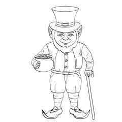 Leprechaun pop art. happy St. Patrick holds a cauldron full of gold coins in his hands. Object Coloring book