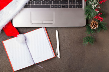 Office table with computer. Christmas background
