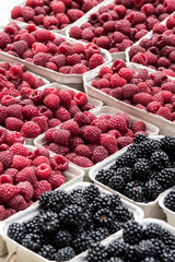Blackberries and raspberries at the fruit market in Gdansk/ Poland
