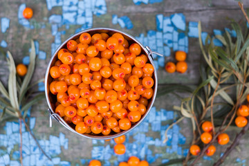 ripe and fresh sea buckthorn berries in a small bucket on a wooden background