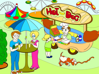 Amusement park color pages for children. Hot dog. Food Truck raster
