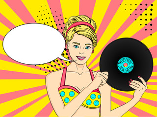 Pop art happy young woman with a phonograph record. Musical plate raster. Imitation comic style. Text bubble.