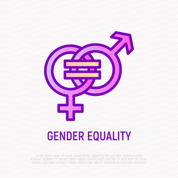 Equal gender rights thin line icon: woman and man are equal. Modern vector illustration.