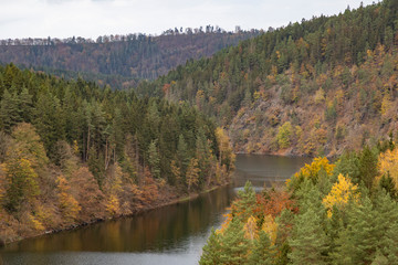 River Saale winds through Thuringian mountains in the fall
