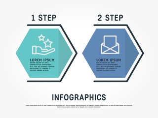 Flat line vector illustration. Infographic template with two elements, hexagons, text. Timeline step by step. Designed for business, presentations, web design, diagrams, training with 2 steps