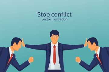 Stop conflict. Businessman referee finds compromise. Mediator solving competition. Conflict and solution. The man throws two fists. Vector illustration flat design. Isolated on white background.