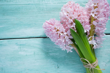 Fresh pink flowers hyacinths on woden surface