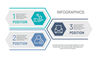 Flat line vector illustration. Infographic template with three elements, hexagons, rectangle. Timeline step by step. Designed for business, presentations, web design, diagrams, training with 3 steps