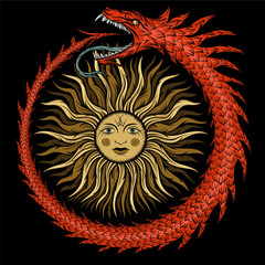 Ouroboros. Ancient Egyptian symbolism. A snake in a ring biting its tail with the image of the sun inside. Vector illustration on black background