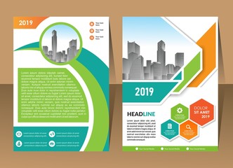 Business vector set. Brochure template layout, cover design annual report, flyer in A4 with colourful geometric shapes for PR, business, tech on bright background. Abstract creative design.
