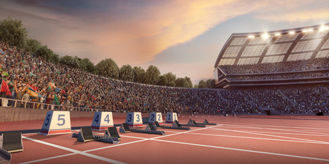 Running track 3D illustration. Professional athletics stadium. Starting line with starting block
