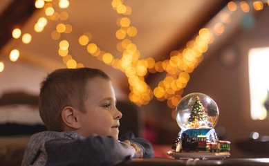 Boy looking at Christmas tree snow globe at home