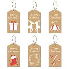 Christmas gift and price tag set with hanger and cardboard background. Enviromentally friendly gift and price tags with holiday icons and symbols.