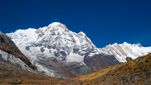 Himalayas mountain landscape in the Annapurna region. Annapurna peak in the Himalaya range, Nepal. Annapurna base camp trek. Snowy mountains, high peaks of Annapurna