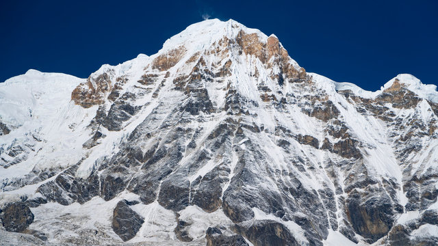 Himalayas mountain landscape in the Annapurna region. Annapurna peak in the Himalaya range, Nepal. Annapurna base camp trek. Snowy mountains, high peaks of Annapurna
