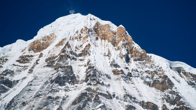 Himalayas mountain landscape in the Annapurna region. Annapurna peak in the Himalaya range, Nepal. Annapurna base camp trek. Snowy mountains, high peaks of Annapurna