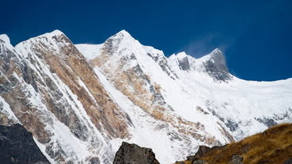 Himalayas mountain landscape in the Annapurna region. Annapurna peak in the Himalaya range, Nepal. Annapurna base camp trek. Snowy mountains, high peaks of Annapurna