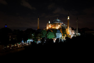 Fototapeta na wymiar Hagia Sophia mosque at night with star sky famous travel landmark