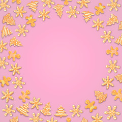 Pink background with 3D realistic tasty xmas gingerbread cookies. Flay lay with place for your text.