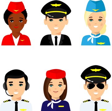 Set of avatar pilot, captain, stewardess. Group of flat cute cartoon face pilot, air hostess in air uniform.
