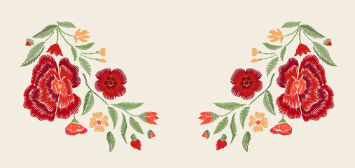 Naklejka premium Embroidered red flowers. Vector floral print.