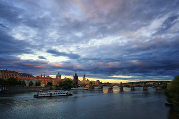 Famous Prague Charles bridge Vltava river Czech republic tourism travel historic architecture cultural landmark