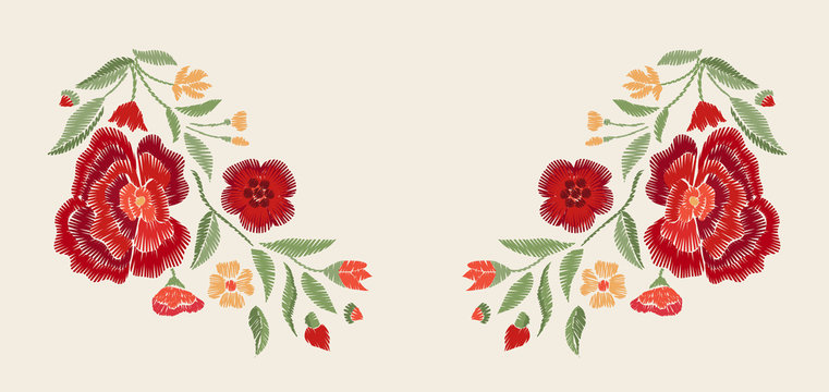 Embroidered Red  Flowers. Vector Floral Print.