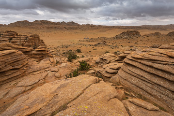 Panoramic View Baga Gazriin Chuluu, Mongolia, Rock Formations and Stacked Stones on Granite Hilltops