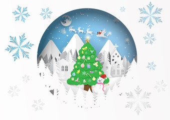 circle frame santa claus coming with christmas tree,merry christmas,happy new year.