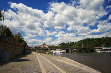 Prague Vltava river with ship European Czech republic landmark beautiful panorama view