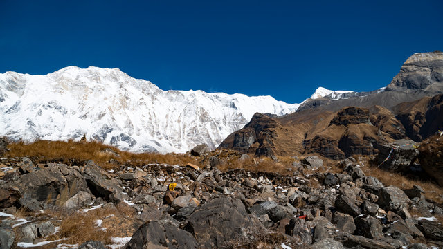 Himalayas mountain landscape in the Annapurna region. Annapurna peak in the Himalaya range, Nepal. Annapurna base camp trek. Snowy mountains, high peaks of Annapurna