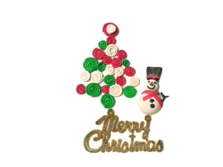 Cute snowman have sweet smile, colorful spiral tree made from plasticine clay and Merry Christmas text are placed on white background, beautiful dough decorate are festival