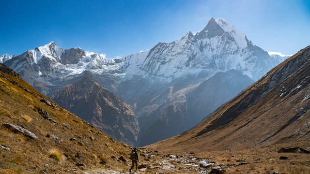 Himalayas mountain landscape in the Annapurna region. Annapurna peak in the Himalaya range, Nepal. Annapurna base camp trek. Snowy mountains, high peaks of Annapurna