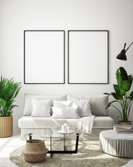 mock up poster frame in modern interior background, Scandinavian style, 3D render, 3D illustration