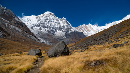 Himalayas mountain landscape in the Annapurna region. Annapurna peak in the Himalaya range, Nepal. Annapurna base camp trek. Snowy mountains, high peaks of Annapurna