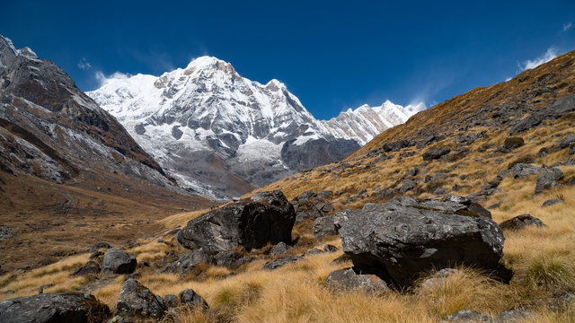 Himalayas mountain landscape in the Annapurna region. Annapurna peak in the Himalaya range, Nepal. Annapurna base camp trek. Snowy mountains, high peaks of Annapurna