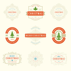 Christmas labels and badges vector design elements set.