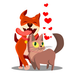 Cat With Dog In Love With Flying Hearts Vector. Illustration