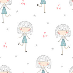 cute little girl vector seamless pattern illustration