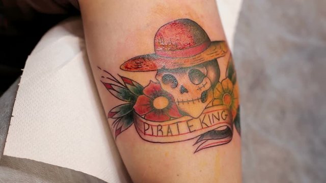 Close-up of a tattoo with a skull on the hand of a man. Tattoo parlor. Tattoo.