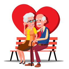 Elderly Couple Hugging On The Bench With Big Red Heart Vector. Illustration